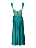 PERLEY TEAL SATIN LACE MIDI DRESS