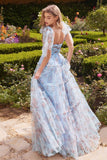 PRINTED FLORAL TULLE LAYERED GOWN