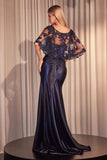 STRETCH SATIN FITTED GOWN WITH REMOVABLE LACE CAPLET