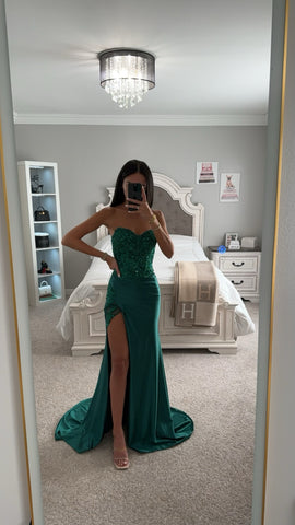 EMERALD SATIN CORSET FITTED GOWN