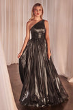 ONE SHOULDER METALLIC PLEATED A LINE DRESS