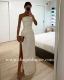 XATIA OFF WHITE JACQUARD TEXTURED HIGH SLIT MAXI DRESS