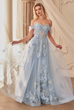 OFF THE SHOULDER FLORAL APPLIQUÉ BALL GOWN