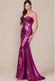 SLEEVELESS STRAPLESS TWISTED PLEATED METALLIC GOWN