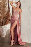 SATIN FITTED SASH & LACE GOWN