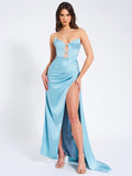 MARILYN PALE BLUE SATIN CORSET EMBELLISHED HIGH SLIT GOWN