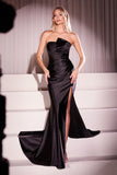 PLEATED STRAPLESS FITTED SATIN GOWN