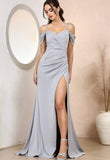 OFF SHOULDER SKINNY STRAP WRAP SLIT GOWN