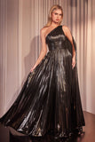 ONE SHOULDER METALLIC PLEATED A LINE DRESS