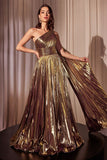 ONE SHOULDER METALLIC PLEATED A LINE DRESS