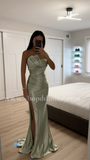 PLEATED STRAPLESS FITTED SATIN GOWN