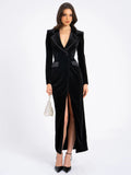 WILLOW BLACK VELVET HIGH SLIT BLAZER GOWN