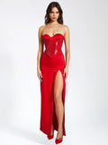 KADESHA RED CRYSTAL HIGH SLIT SATIN CORSET GOWN