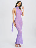 PURPLE VELVET ANIMAL PRINT MESH HALTER NECK MAXI DRESS