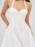 JOANNA WHITE EYELET HALTER MINI DRESS