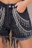 RHINESTONE FRINGE DENIM SHORTS