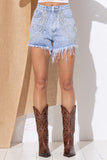 RHINESTONE FRINGE DENIM SHORTS