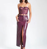 NYSSA PURPLE FRONT SLIT LEATHER SKIRT