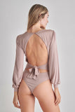 Romantic V-Neck Balloon Sleeve Tie-Back Bodysuit