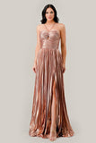 HALTER PLEATED METALLIC A LINE GOWN