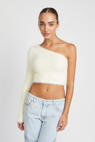 ONE SHOULDER FLUFFY SWEATER TOP