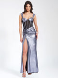 ODESSA SILVER METALLIC CORSET MAXI DRESS