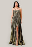 HALTER PLEATED METALLIC A LINE GOWN