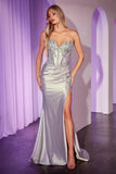 FITTED STRAPLESS LACE & SATIN GOWN