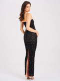 JIMEA CRYSTAL EMBELLISHED BACK SLIT MAXI DRESS