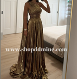 ONE SHOULDER METALLIC PLEATED A LINE DRESS