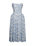 PALOMA BLUE PRINT LINEN CORSET DRAPING MIDI DRESS