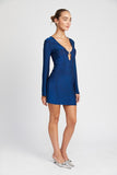 GLITTER LONG SLEEVE MINI DRESS WITH FRONT KEY HOLE