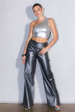 METALLIC HIGH RISE WIDE JEANS