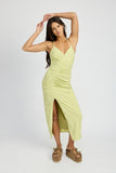 RUCHED SATIN DRESS WITH CROSSED BACK