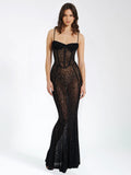 ULANI BLACK BURNOUT VELVET MESH DETAIL MAXI DRESS