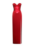 KADESHA RED CRYSTAL HIGH SLIT SATIN CORSET GOWN