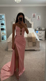 MARILYN PINK SATIN CORSET EMBELLISHED HIGH SLIT GOWN