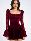 Yachira Burgundy Velvet Lace Flare Sleeve Mini Dress