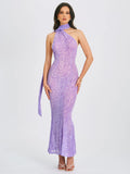 PURPLE VELVET ANIMAL PRINT MESH HALTER NECK MAXI DRESS