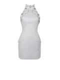 ORI WHITE HALTER NECK CRYSTAL PEARL MINI DRESS