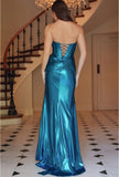 SLEEVELESS STRAPLESS TWISTED PLEATED METALLIC GOWN