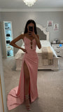 MARILYN PINK SATIN CORSET EMBELLISHED HIGH SLIT GOWN