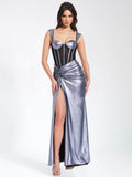 ODESSA SILVER METALLIC CORSET MAXI DRESS