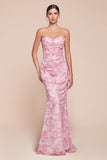 STRAPLESS FLORAL PRINT SOFT SATIN GOWN