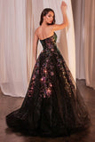 STRAPLESS FLORAL APPLIQUÉ BLACK BALL GOWN