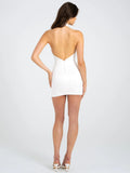 ORI WHITE HALTER NECK CRYSTAL PEARL MINI DRESS