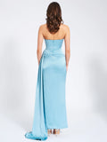 MARILYN PALE BLUE SATIN CORSET EMBELLISHED HIGH SLIT GOWN