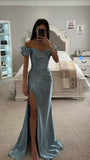 DUSTY BLUE RUFFLE SLEEVE SATIN GOWN