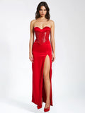 KADESHA RED CRYSTAL HIGH SLIT SATIN CORSET GOWN