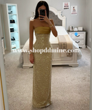 LAINEY GOLD SATIN SEQUIN PEARL BEADED MAXI DRESS